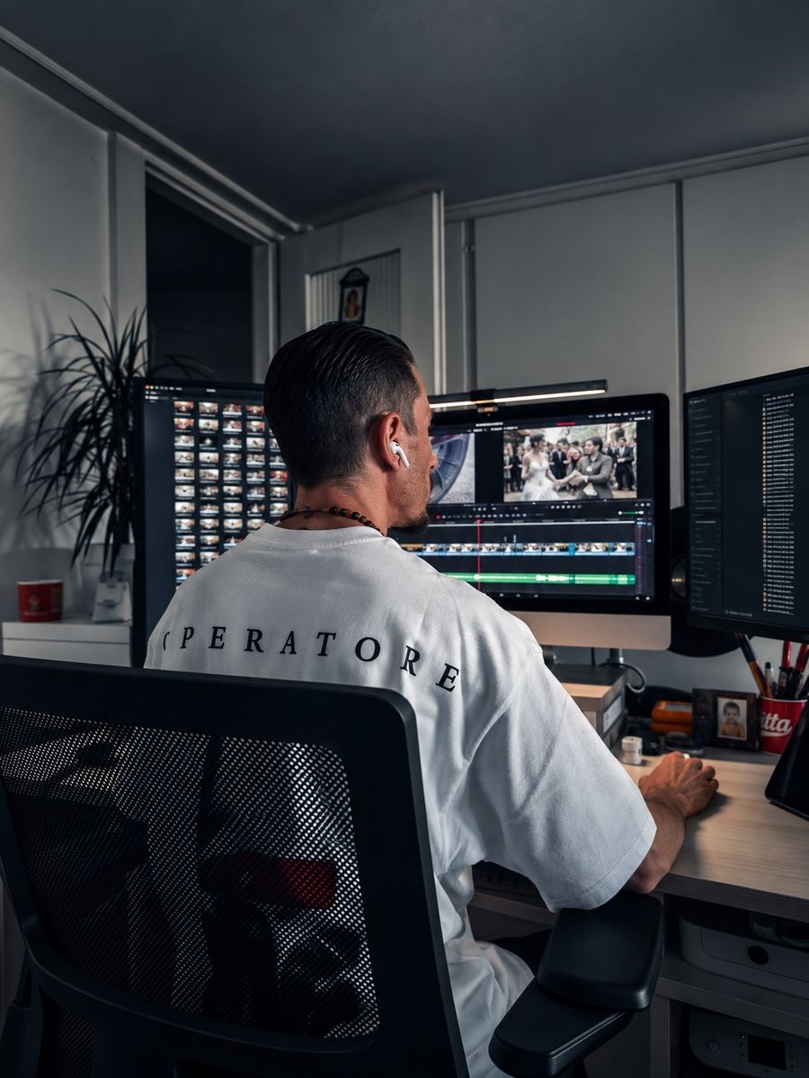 Milan bearbeitet einen Film an seinem Arbeitsplatz